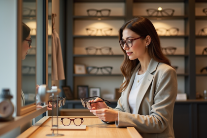 Femme élégante essayant des lunettes dans une boutique moderne