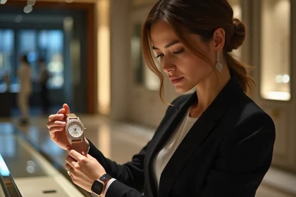 Femme &eacute;l&eacute;gante examine un montre de luxe en boutique