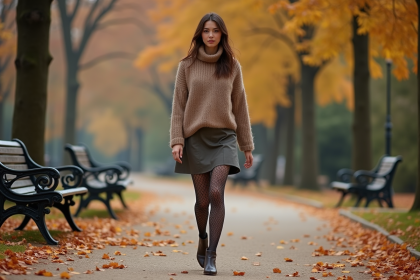 Femme élégante dans un parc parisien automnal avec collants à motifs
