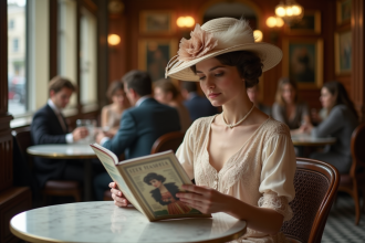 Femme élégante lisant un magazine mode dans un café parisien