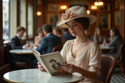 Femme élégante lisant un magazine mode dans un café parisien