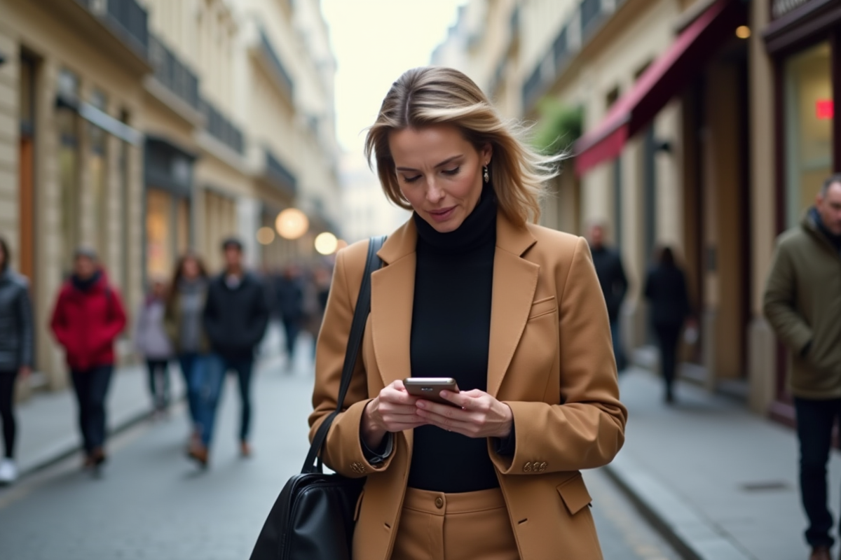 Femme confiante marche dans une rue parisienne