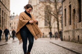 Femme portant un poncho camel en laine sur une rue pavée en hiver, style éditorial mode