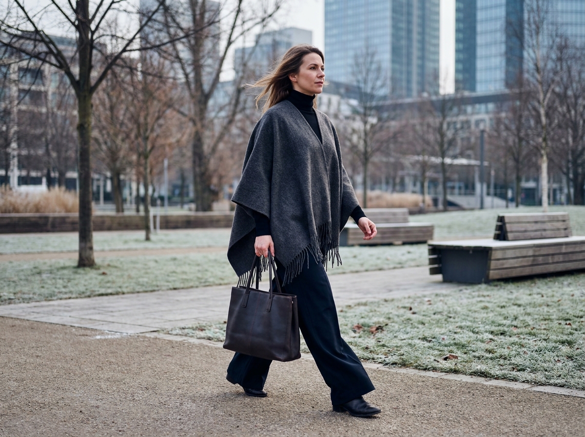 Femme marchant dans un parc en hiver avec un long poncho gris à franges et un sac en cuir structuré