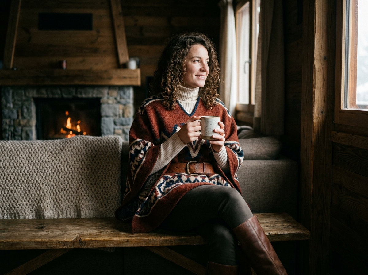 Femme assise dans un chalet portant un poncho à motifs géométriques avec une ceinture en cuir en hiver