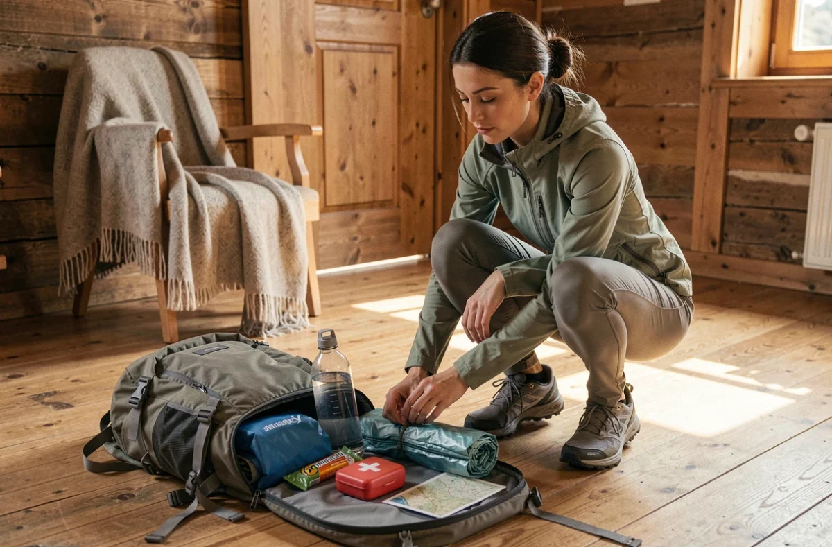Femme randonneuse préparant son sac à dos de montagne avec équipement essentiel dans un chalet alpin
