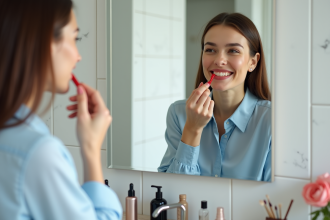 Femme appliquant rouge à lèvres longue tenue devant miroir moderne