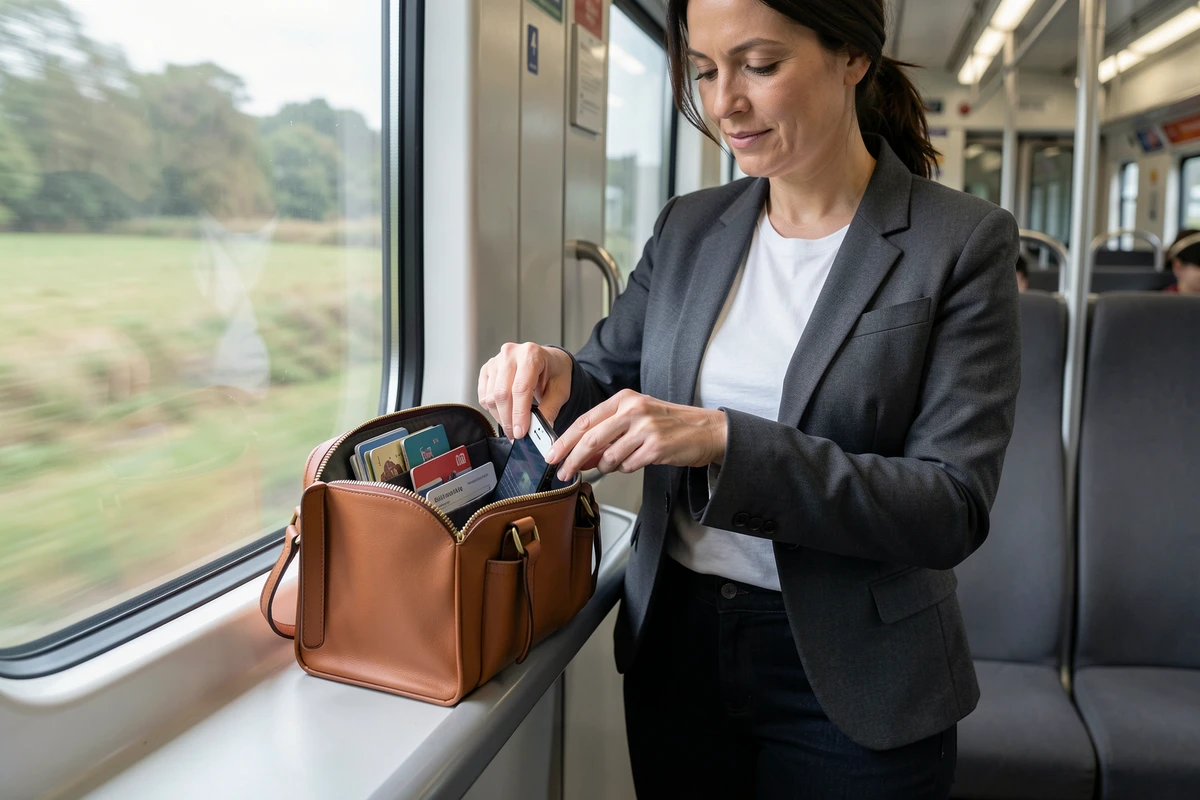 Femme organisant un sac mini fonctionnel dans un compartiment de train, idéal pour voyager avec peu de bagages