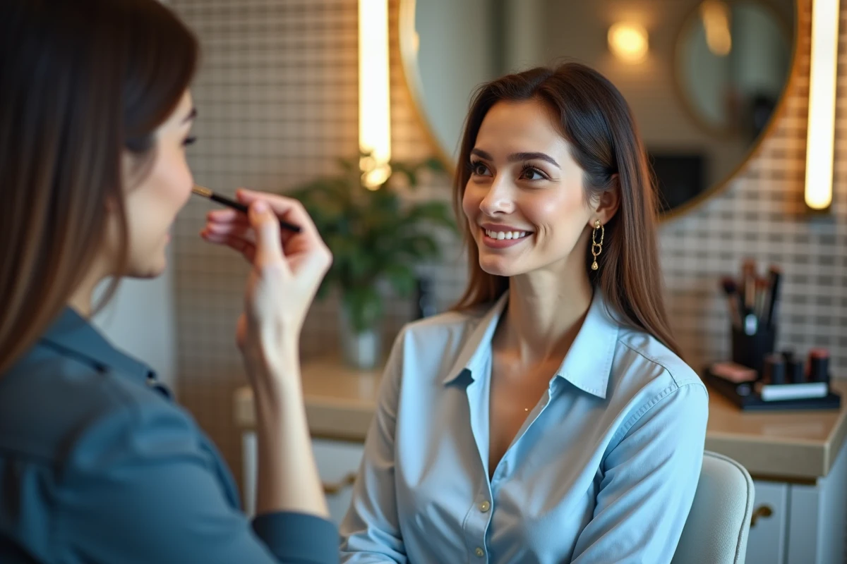 Femme en salon de beauté recevant un maquillage professionnel