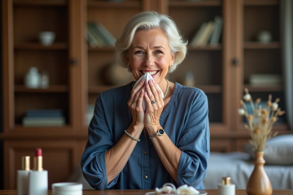 Femme souriante avec lipstick dans un intérieur chaleureux