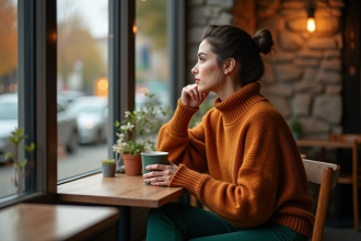 Femme en pull orange et pantalon vert regardant par la fenêtre