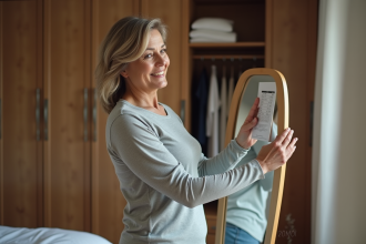 Femme souriante essayant un haut thermique dans une chambre chaleureuse