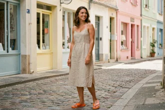 Femme assumant ses tongs poisson orange avec une robe en lin sur une rue pavée de village côtier français