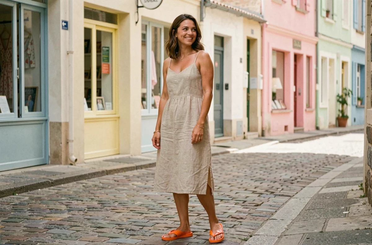 Femme assumant ses tongs poisson orange avec une robe en lin sur une rue pavée de village côtier français