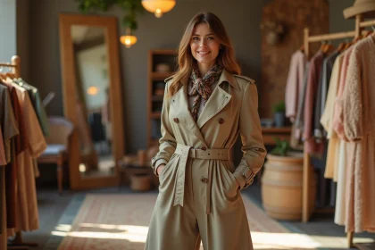 Femme &eacute;l&eacute;gante en trench vintage dans boutique cosy