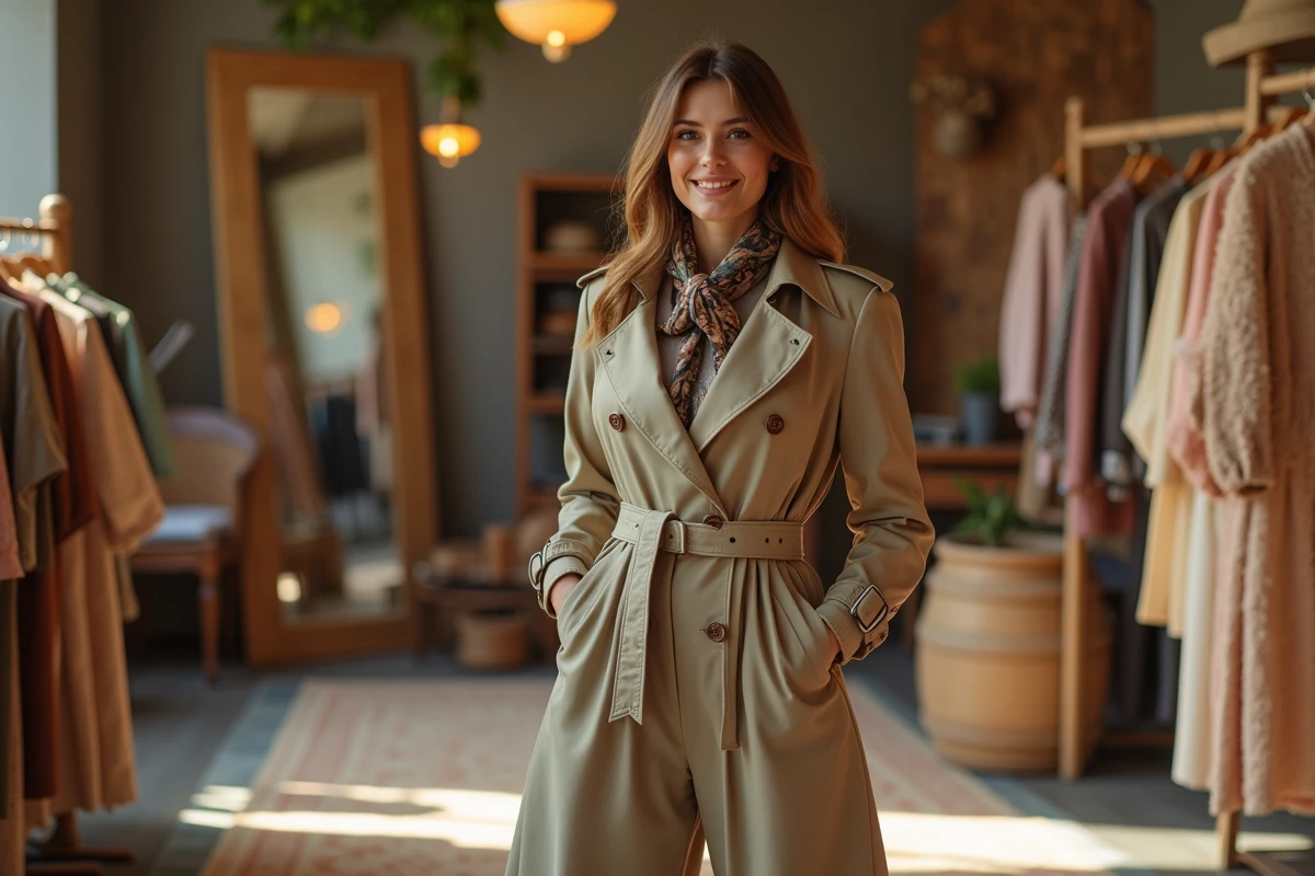 Femme élégante en trench vintage dans boutique cosy
