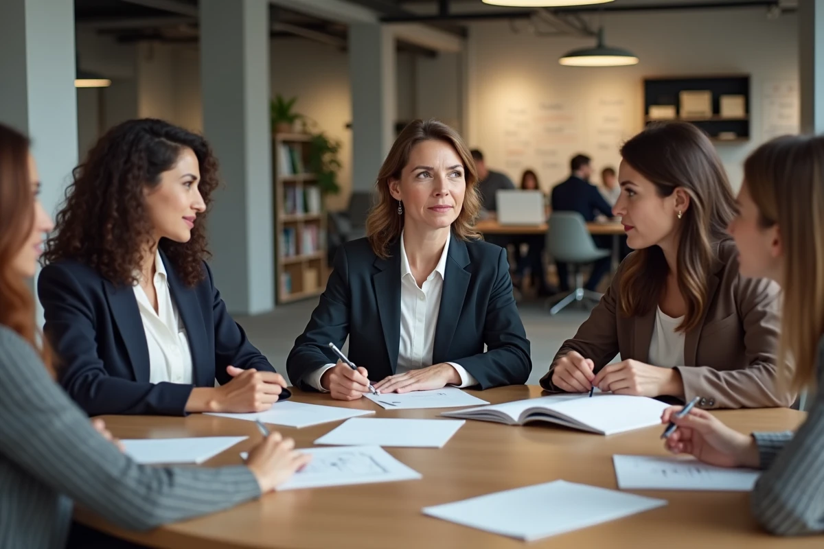 Groupe de femmes journalistes en réunion éditoriale dans les bureaux d'un média, discussion professionnelle sur les conditions de travail et le sexisme dans les médias