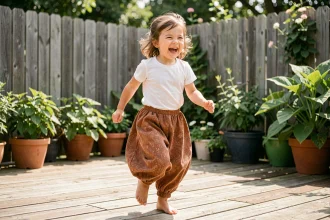 Petite fille portant un sarouel terracotta qui court pieds nus sur une terrasse en bois dans un jardin