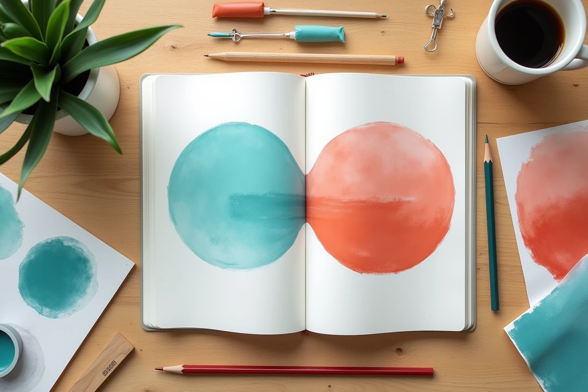 Flat lay d'outils de graphisme montrant la roue chromatique avec le vert d'eau et sa couleur complémentaire