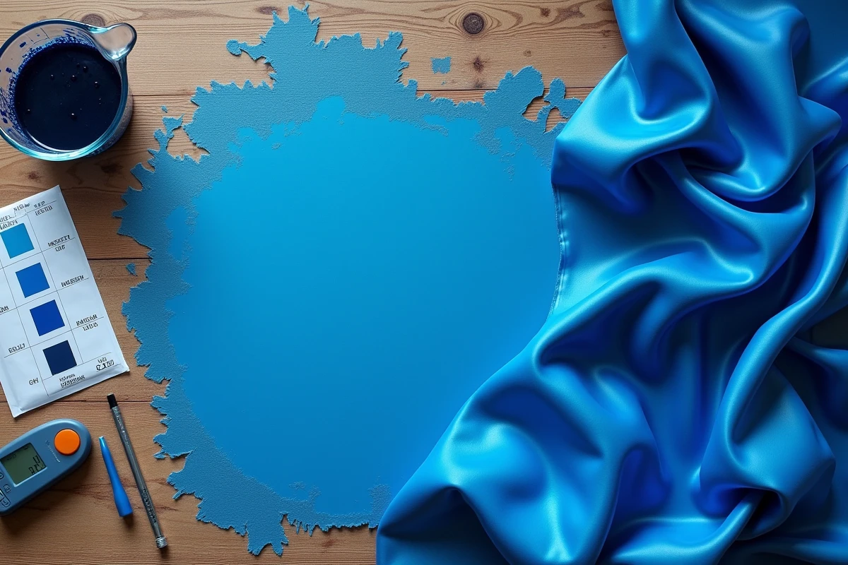 Vue de dessus d'un tissu polyester teint en bleu royal posé sur un établi avec des outils de teinture, charte de couleurs et thermomètre