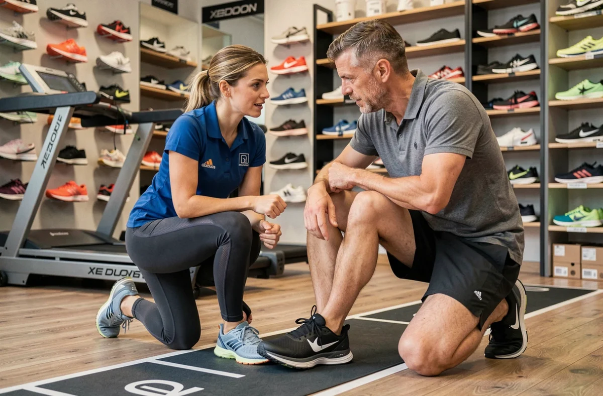 Une conseillère aide un client à choisir des chaussures de running chez Foulées à Bordeaux.