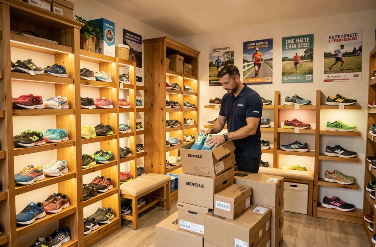 L'intérieur du magasin Foulées à Migné-Auxances avec ses rayons de chaussures de running et de trail.