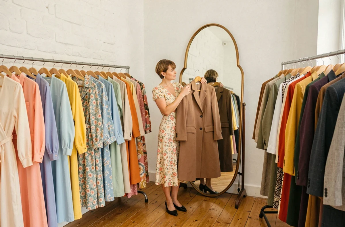 Boutique vintage bien organisée à Caen avec vêtements triés par couleur et époque, Fripe à la Mode de Caen