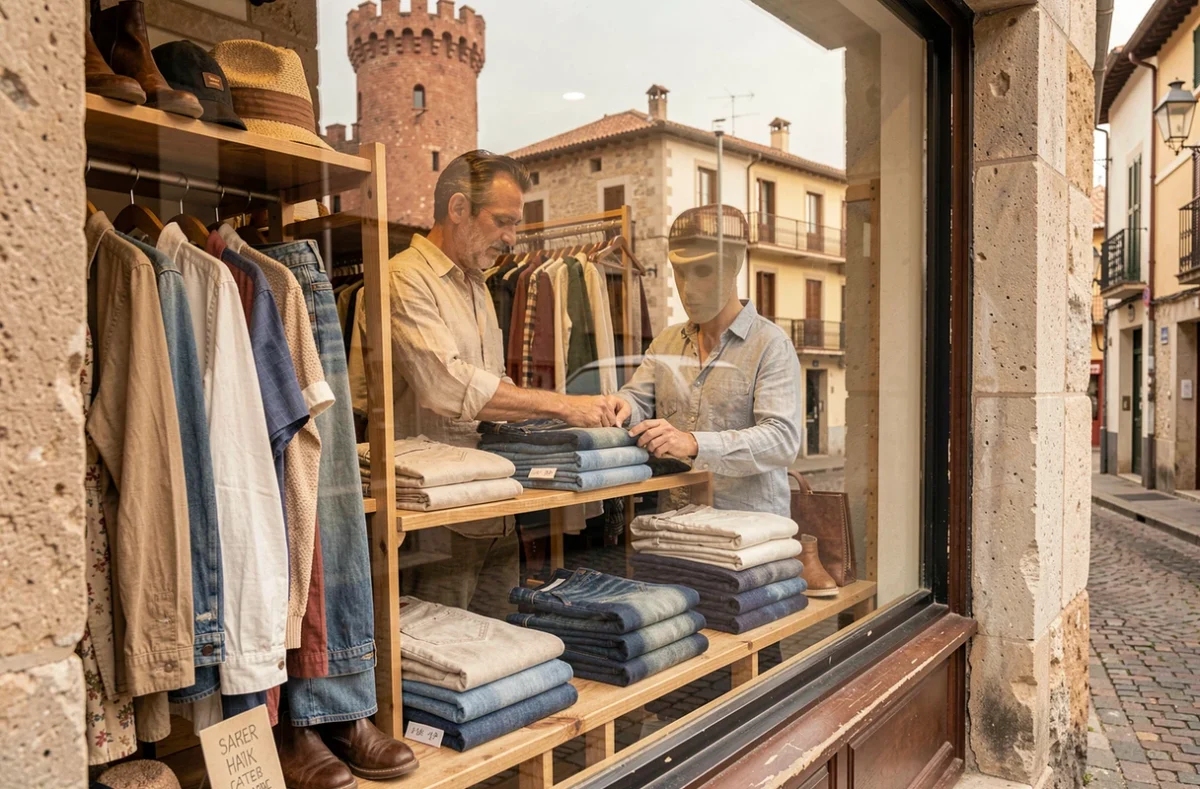 Friperie du Castillet à Perpignan avec une vitrine de vêtements vintage et le monument historique du Castillet visible en arrière-plan