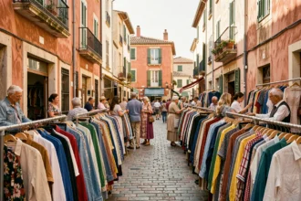 Scène animée de friperies dans les Pyrénées-Orientales avec des vêtements vintage colorés exposés sous le soleil catalan