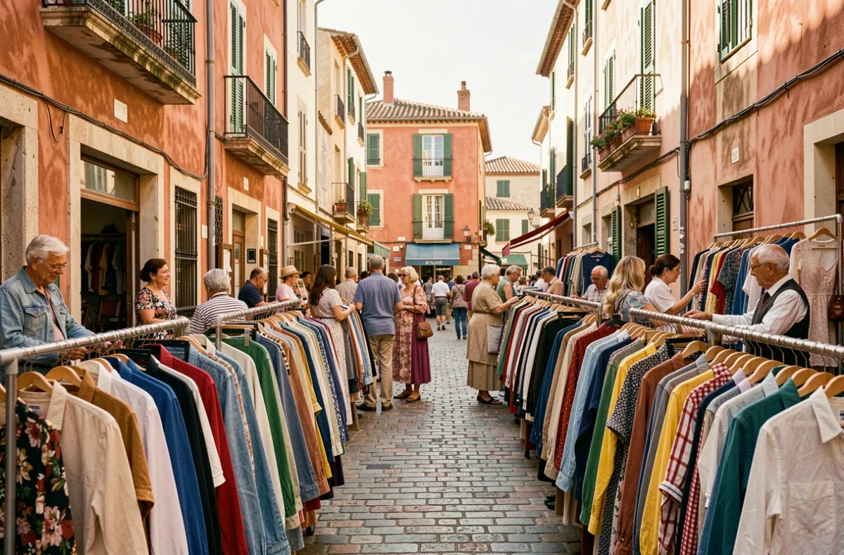 Scène animée de friperies dans les Pyrénées-Orientales avec des vêtements vintage colorés exposés sous le soleil catalan