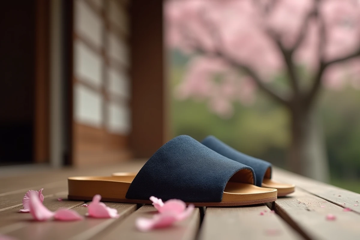 Geta en bois de cyprès hinoki pour homme avec sangles en tissu bleu marine posées sur une terrasse en bois japonaise