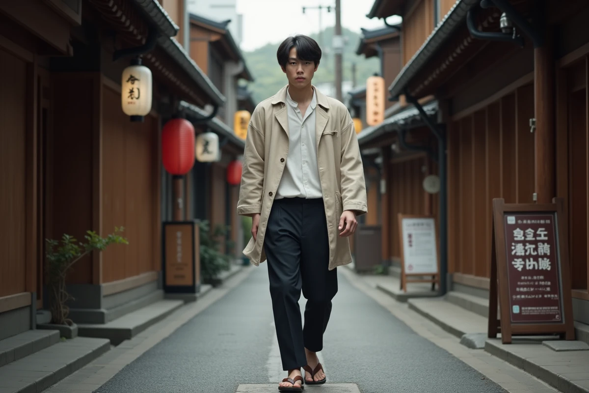Jeune homme japonais portant des geta modernes laquées dans une rue urbaine traditionnelle du Japon
