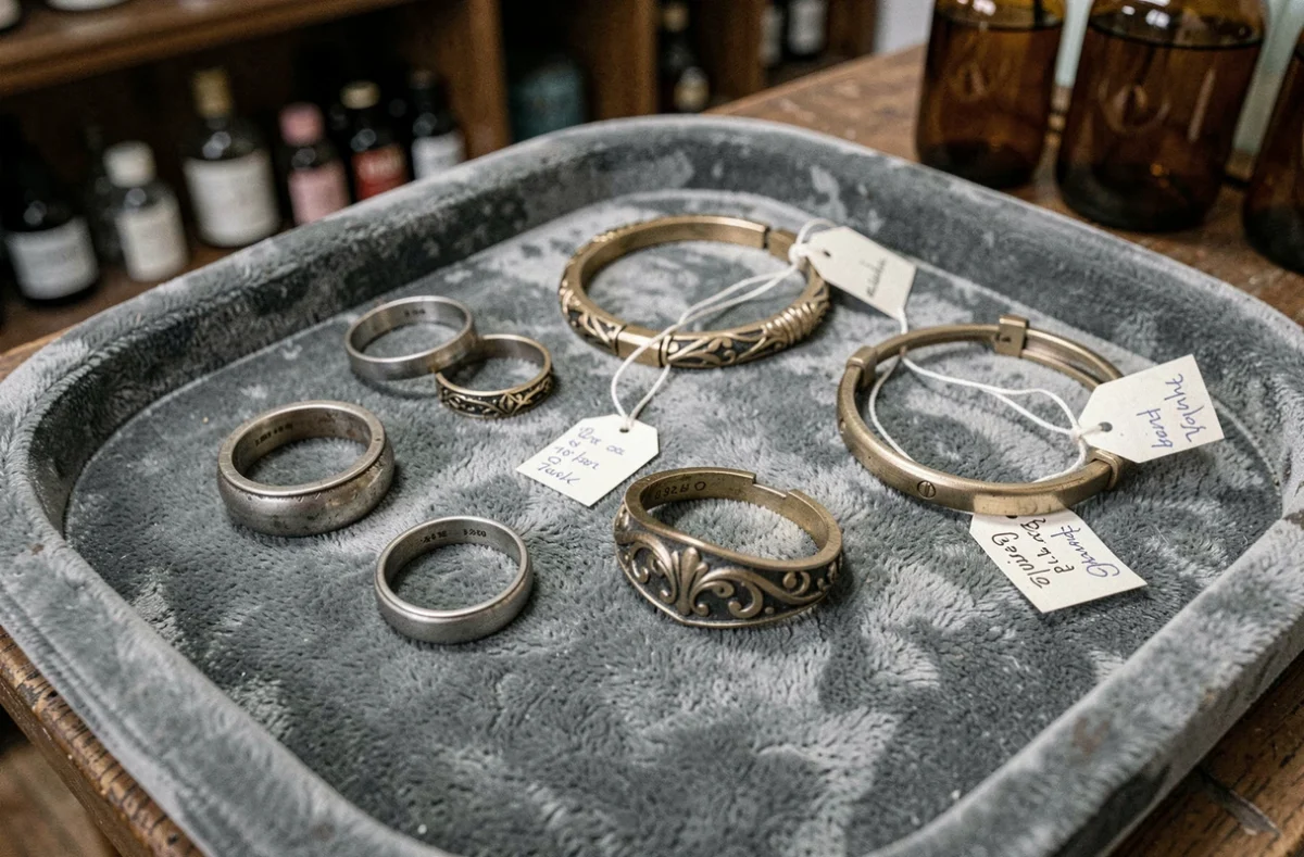 Gros plan sur des bijoux fantaisie disposés sur un plateau en velours gris montrant l'absence de poinçon métal précieux