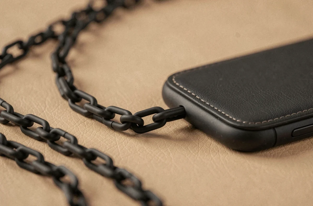 Gros plan d'une chaîne minimaliste noire pour téléphone portable posée sur une surface en cuir beige, détail de texture et de qualité