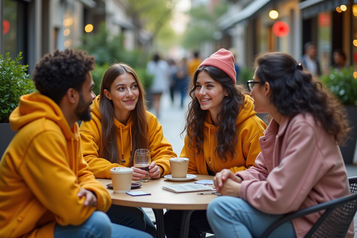 Groupe de jeunes adultes dans un café en plein air en ville