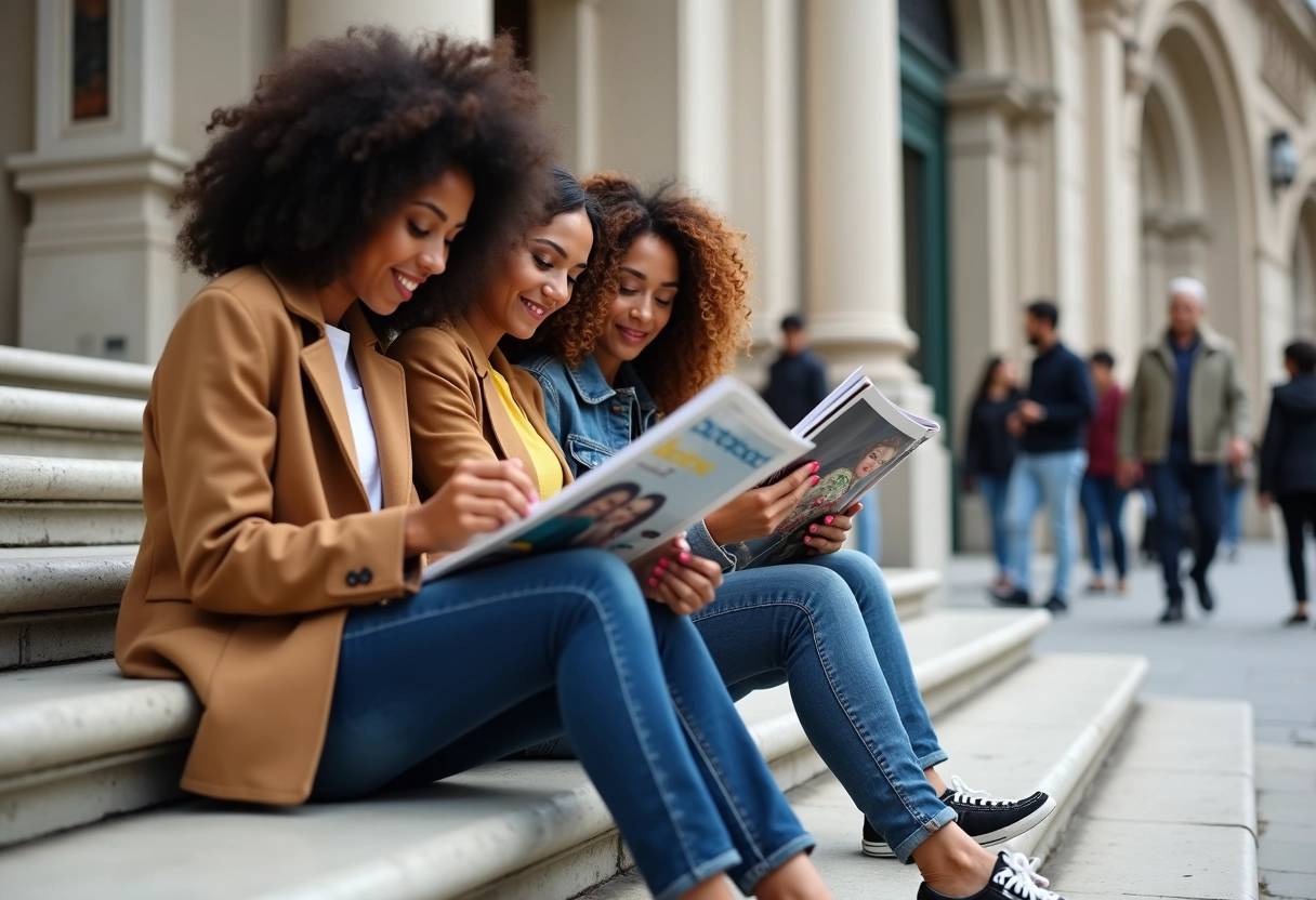 Trois amis lisant des magazines sur les marches d un bâtiment historique