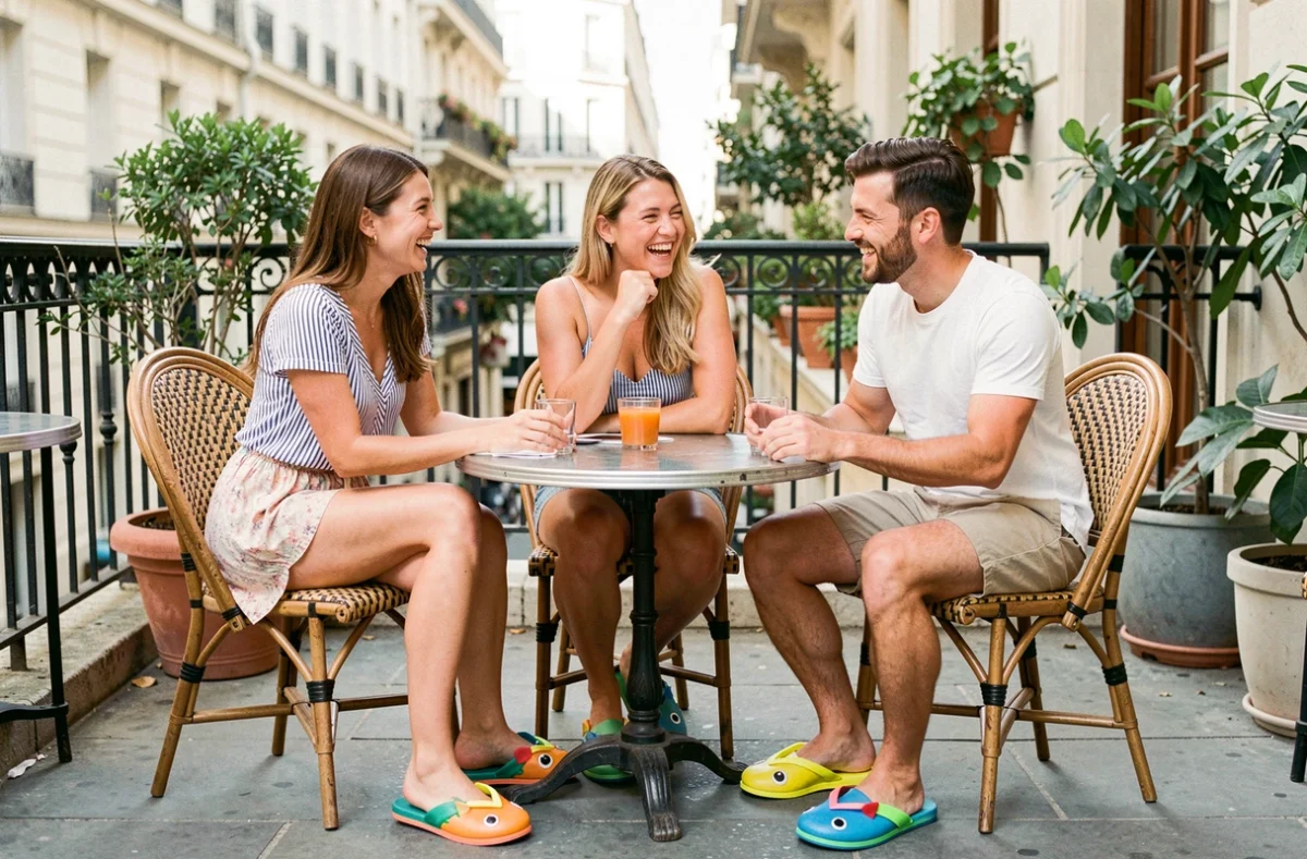 Groupe d'amis portant des tongs poisson colorées attablés à une terrasse de café parisien dans une ambiance décontractée et tendance