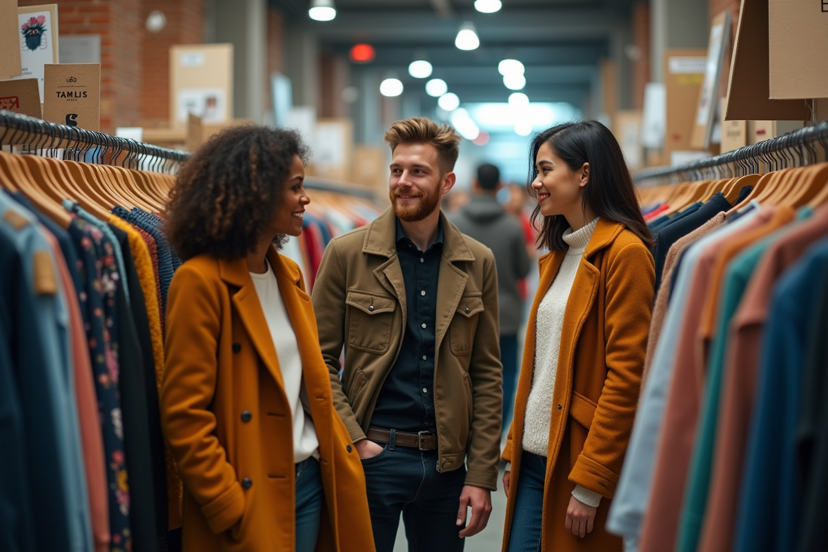 Groupe de personnes discutant devant un stand de vêtements vintage