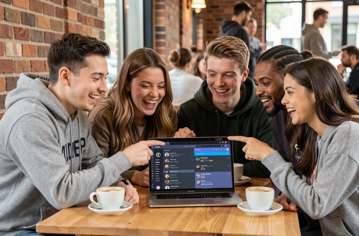 Groupe de jeunes adultes découvrant ensemble la communauté Discord BTBF dans un café