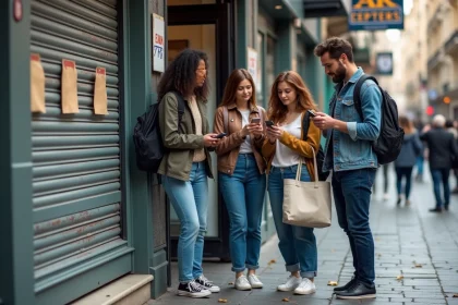 Groupe de jeunes adultes dans la rue avec volets m&eacute;talliques