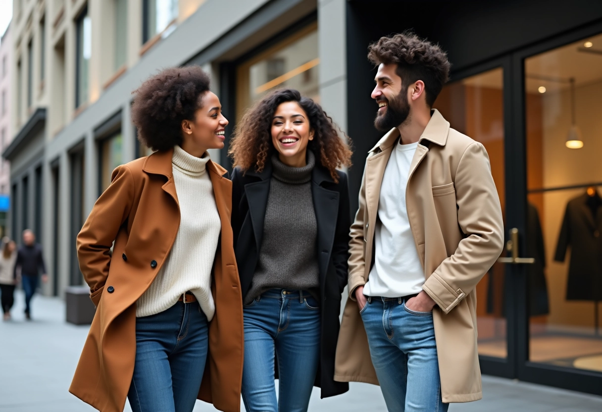 Groupe de jeunes adultes souriants devant un magasin moderne