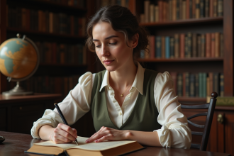 Historienne en blouse vintage étudie un livre ancien sur la cosmétique