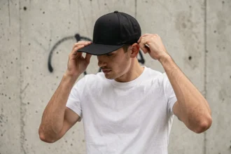Homme ajustant la fermeture snapback d'une casquette noire structurée devant un mur en béton urbain