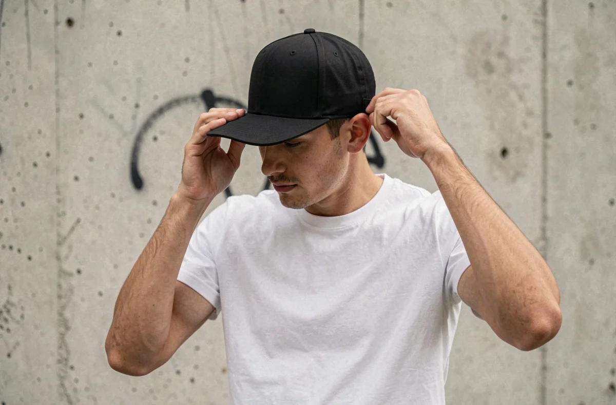 Homme ajustant la fermeture snapback d'une casquette noire structurée devant un mur en béton urbain