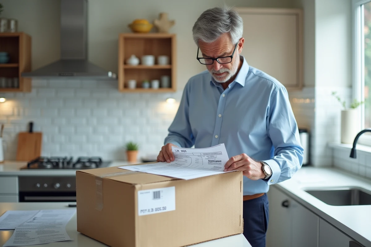 Homme belge déballant un colis dans sa cuisine
