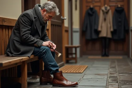 Homme middleaged nettoyant ses bottines en cuir brun