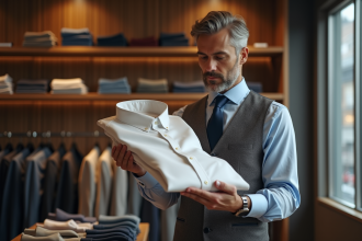 Homme élégant dans une boutique de mode inspectant une chemise de qualité