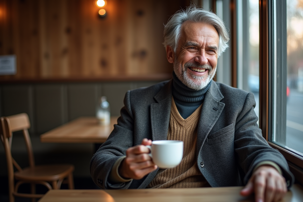 Homme âgé souriant dans un café cosy avec un pull en laine
