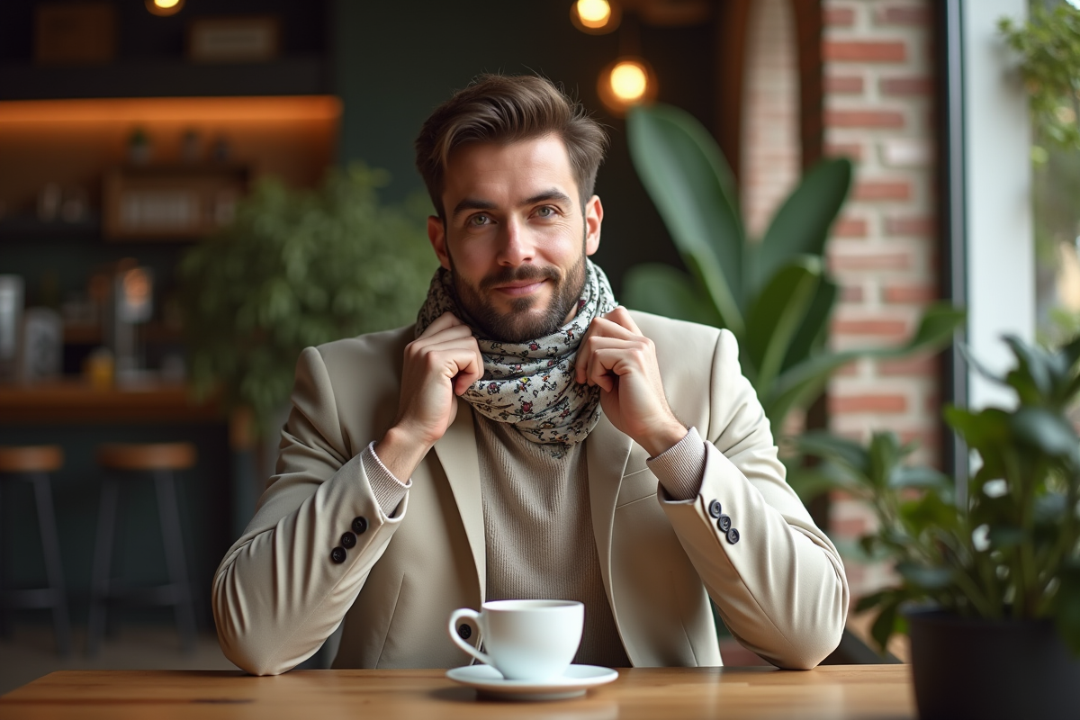 Homme ajustant une écharpe dans un café ensoleille