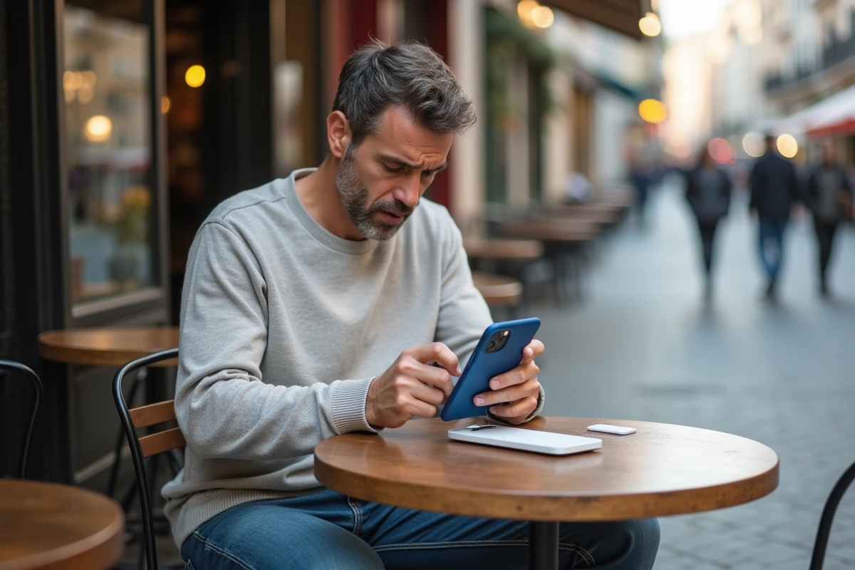 Homme frustré retire une coque de son iPhone au café en ville